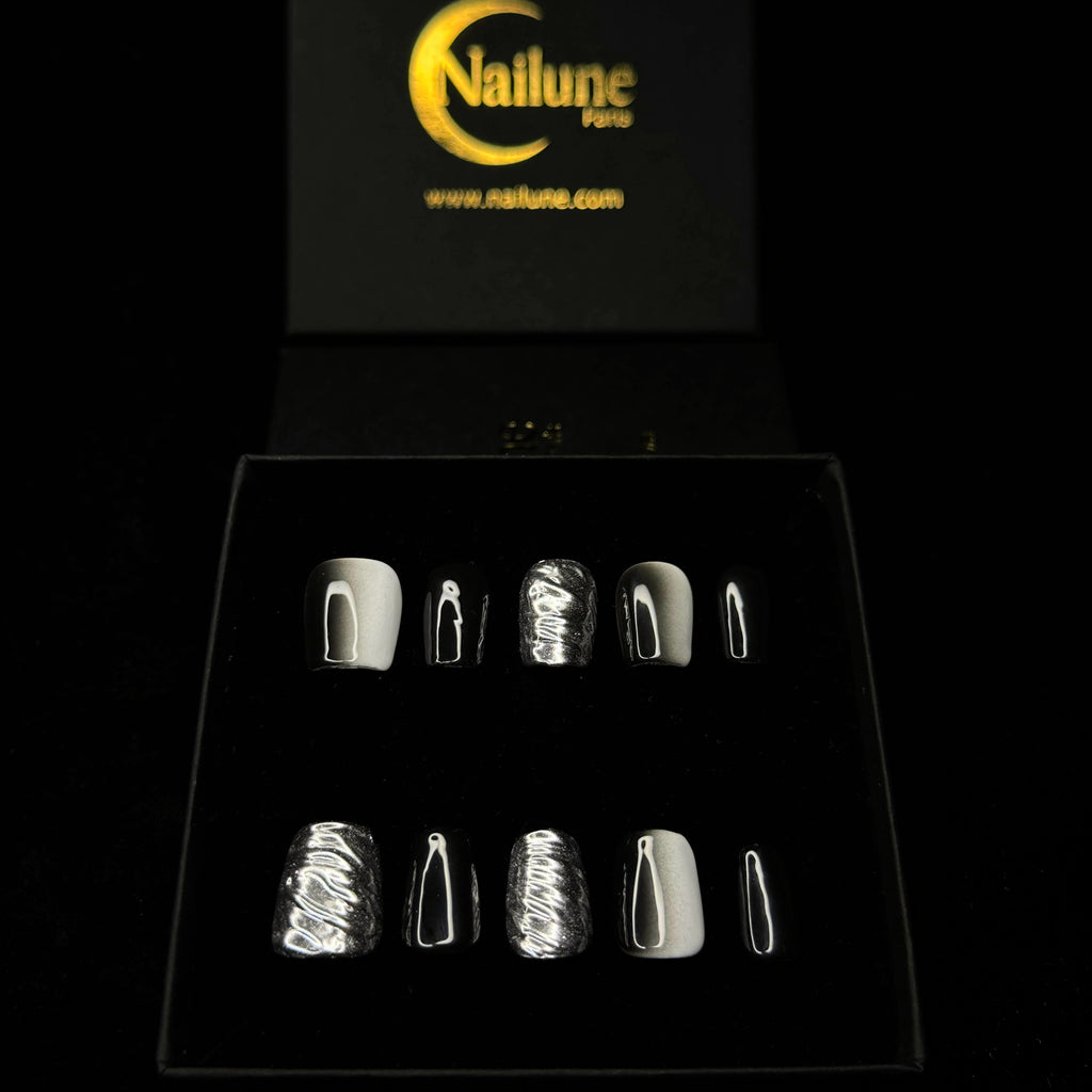 Faux-ongles Carré press on Black Chrome Noir Brillant