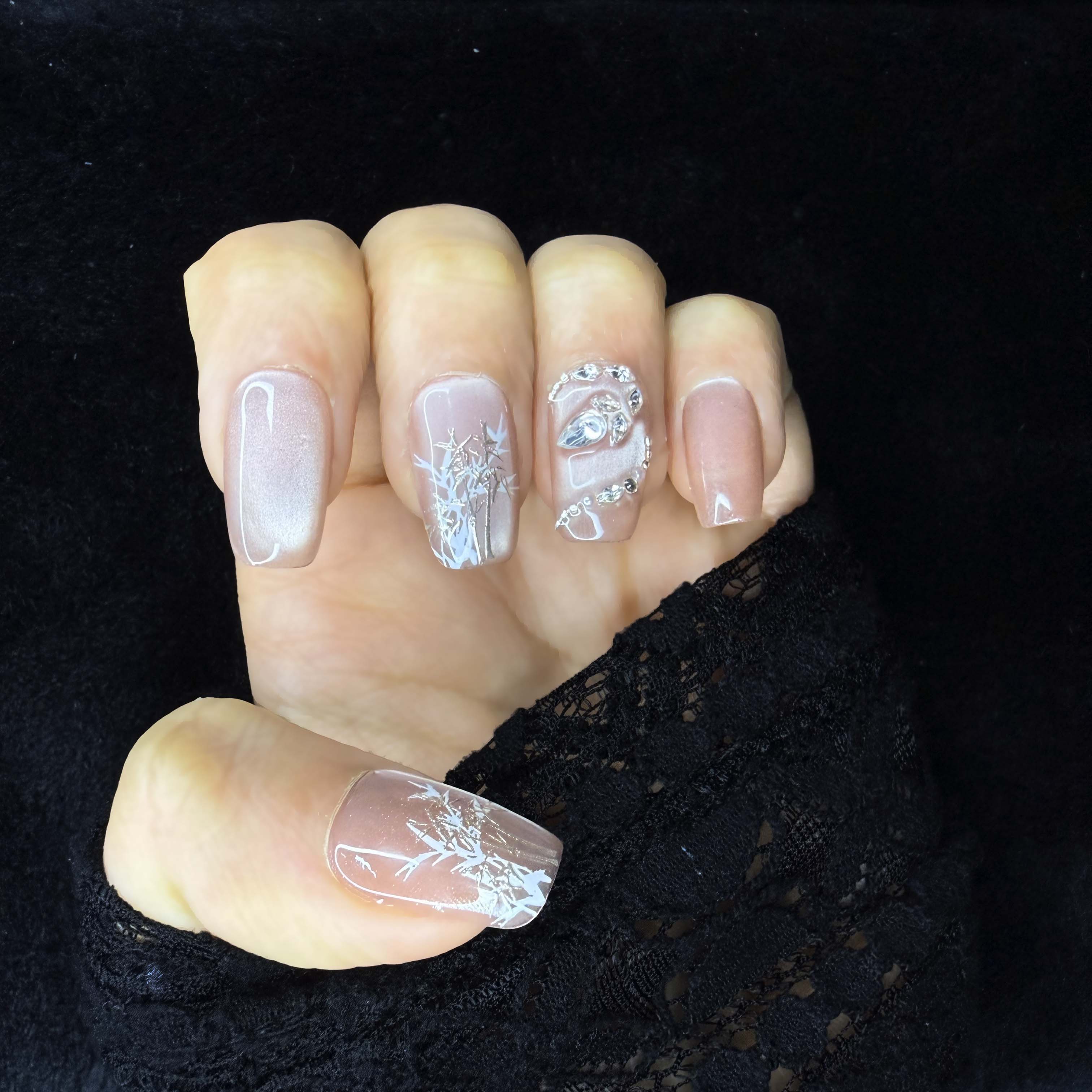 Faux-ongles Cercueil press on Champagne Bloom Rose Brillant