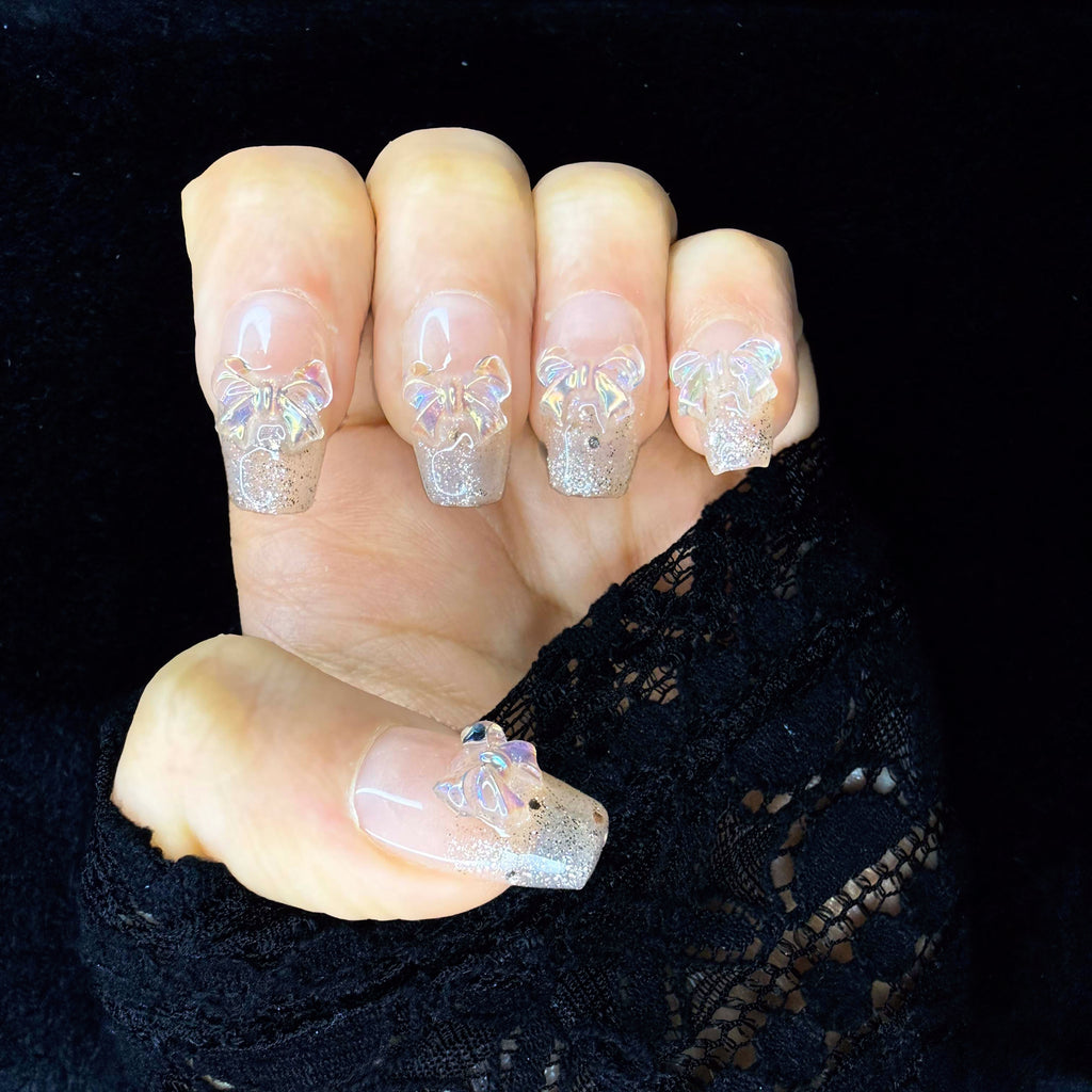 Faux-ongles Cercueil press on Crystal Bow Beige Brillant