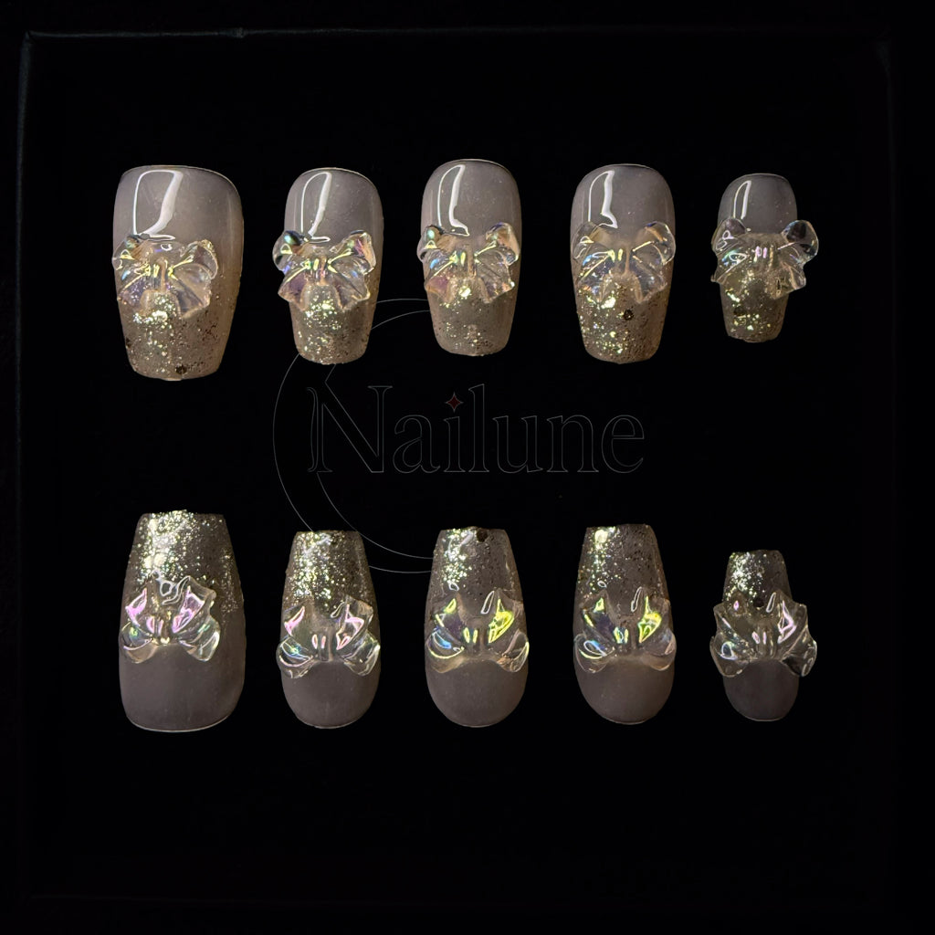 Faux-ongles Cercueil press on Crystal Bow Beige Brillant