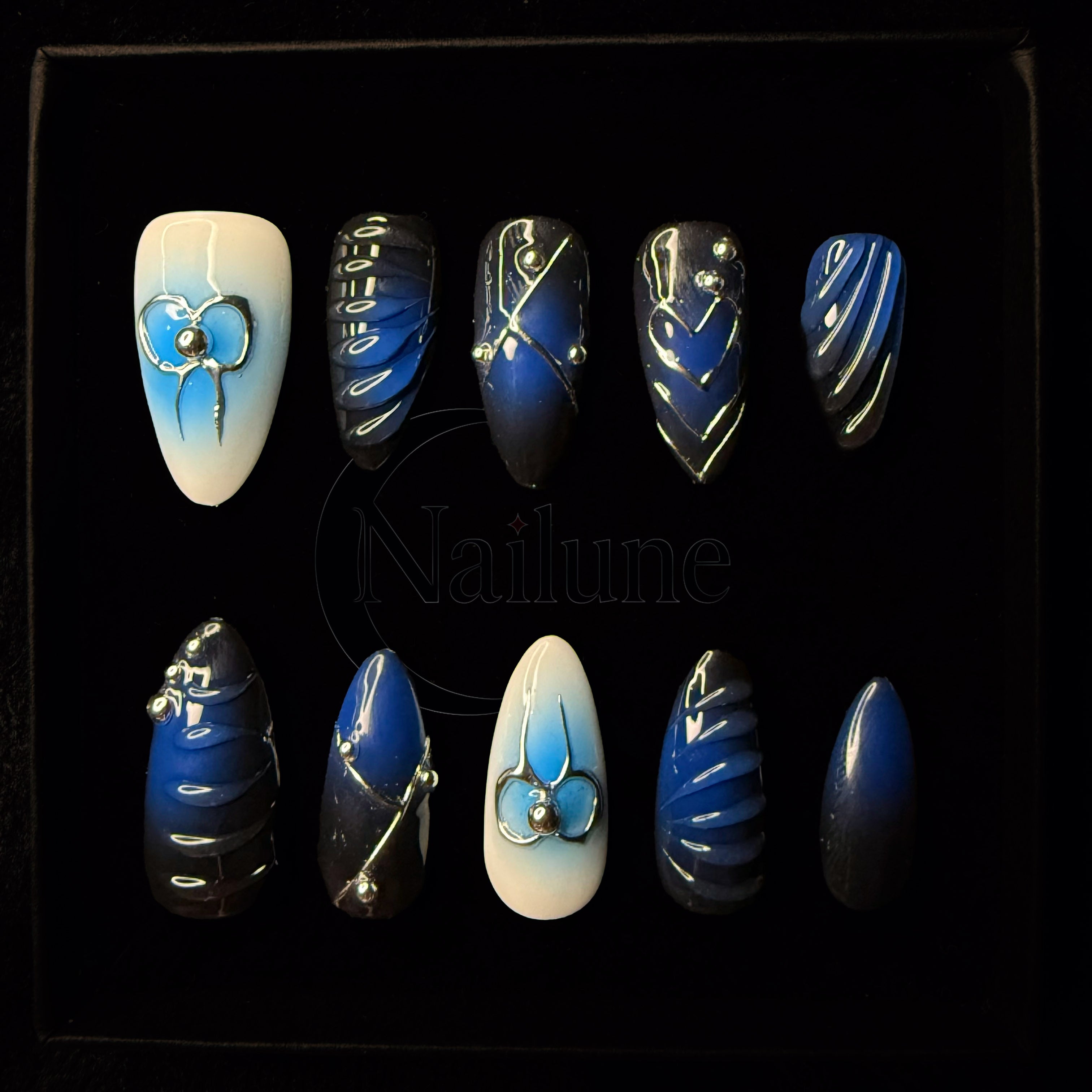 Faux-ongles Amande press on Midnight Pulse Blanc Brillant