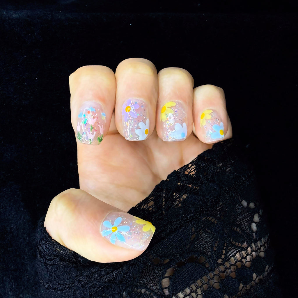 Faux-ongles Carré press on Pastel Garden Blanc Brillant