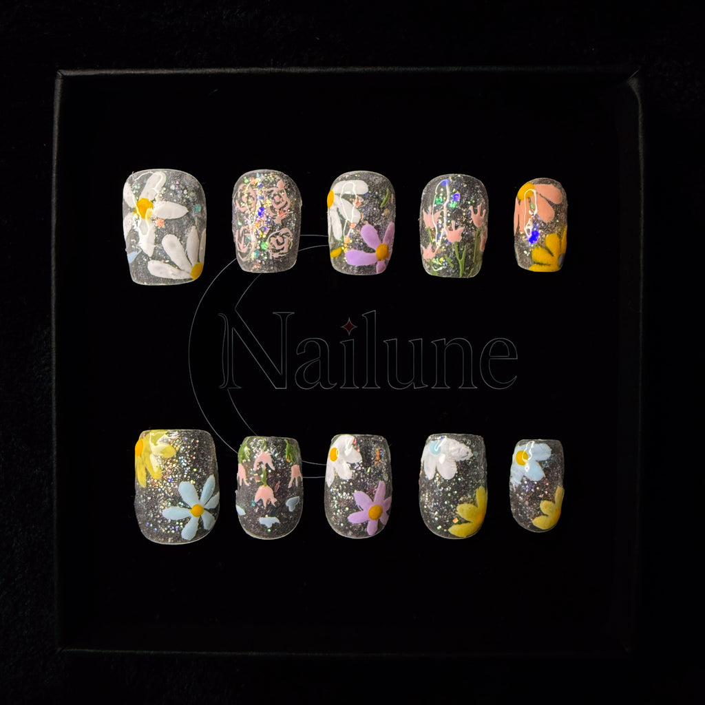 Faux-ongles Carré press on Pastel Garden Blanc Brillant