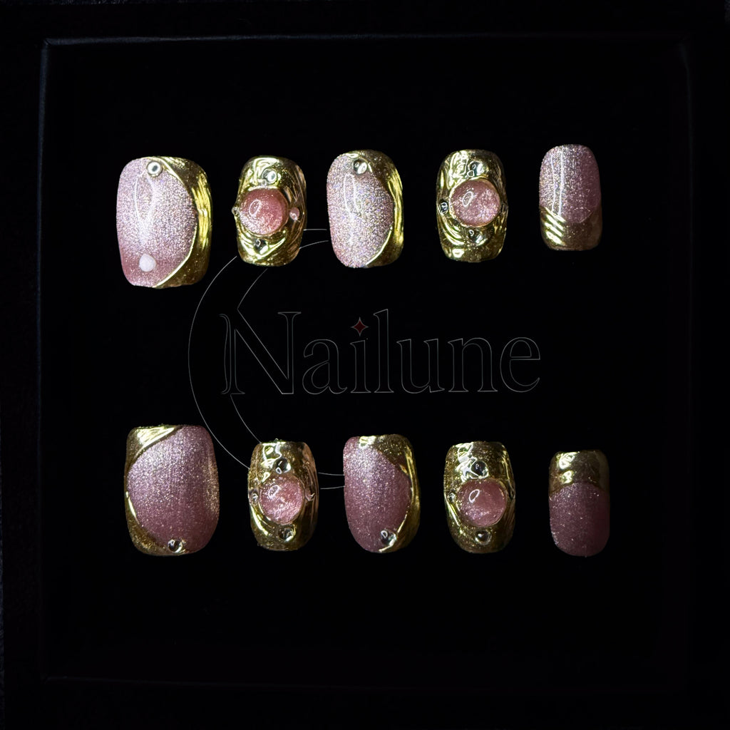 Faux-ongles Carré press on Pink Aura Or Brillant