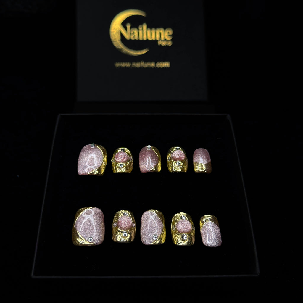 Faux-ongles Carré press on Pink Aura Or Brillant