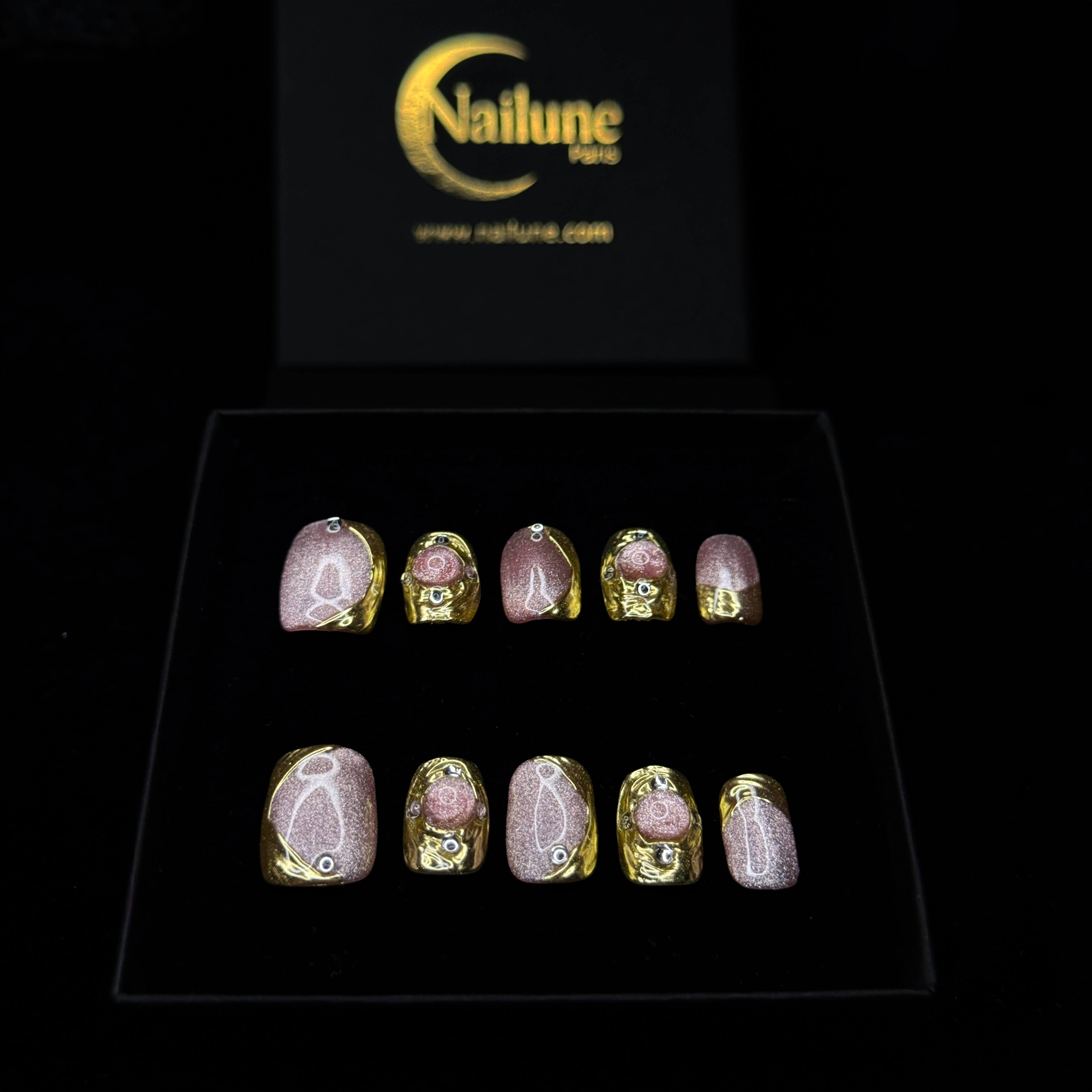 Faux-ongles Carré press on Pink Aura Or Brillant